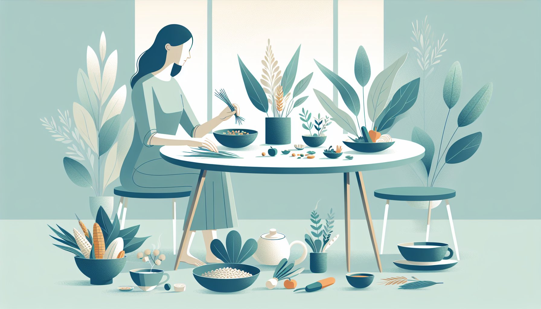 食卓で大人がシネンシス冬虫夏草 自然食品を食事に穏やかに取り入れる様子