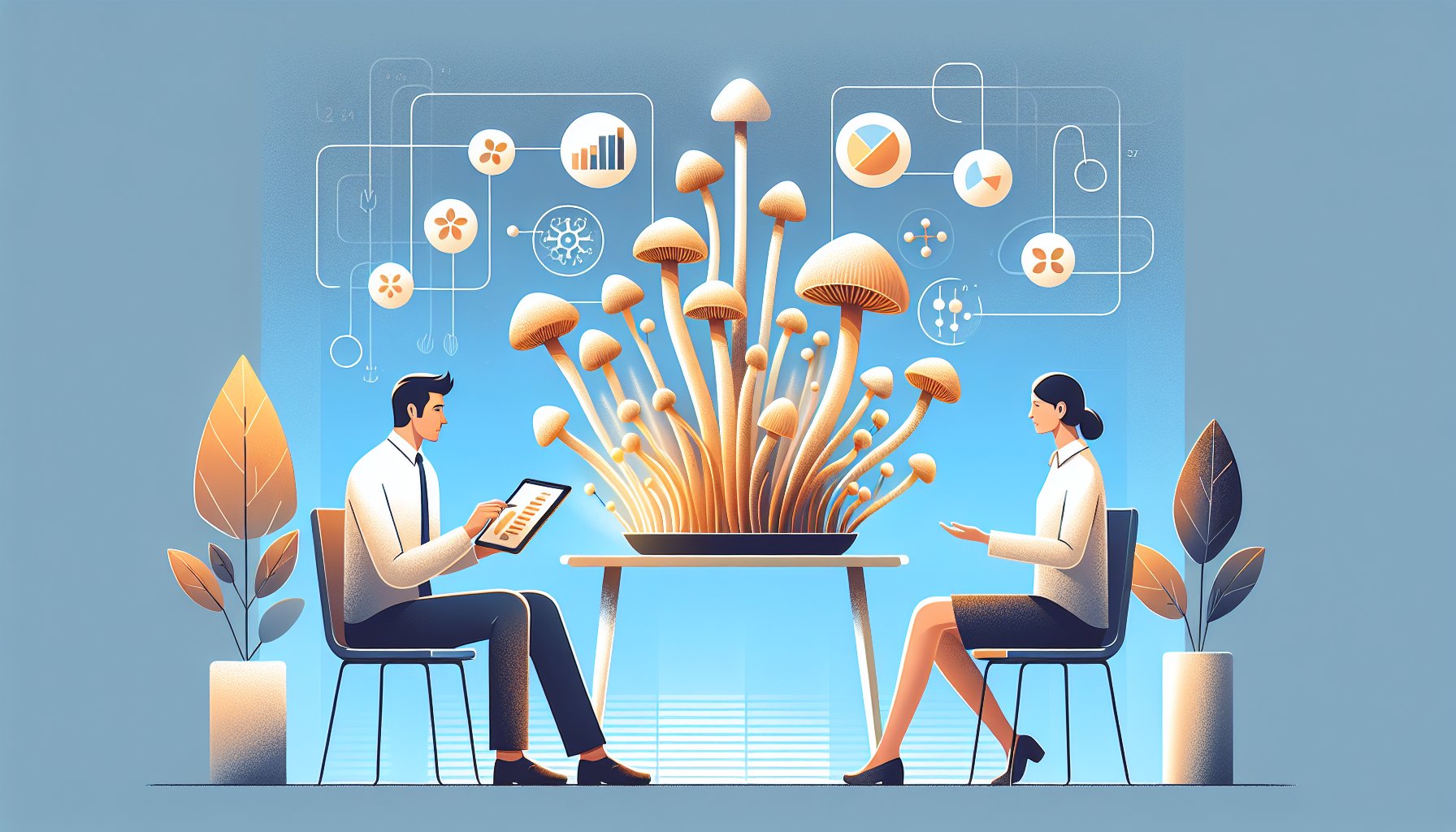 シネンシス冬虫夏草 きのこと一般的な食用きのこを比較し健康・美容への役割を話し合う場面