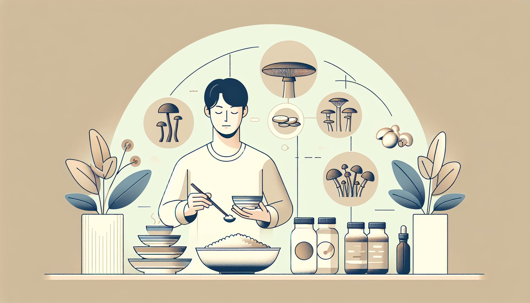 食卓で日常のきのことシネンシス冬虫夏草 きのこを並べて健康バランスを考える様子