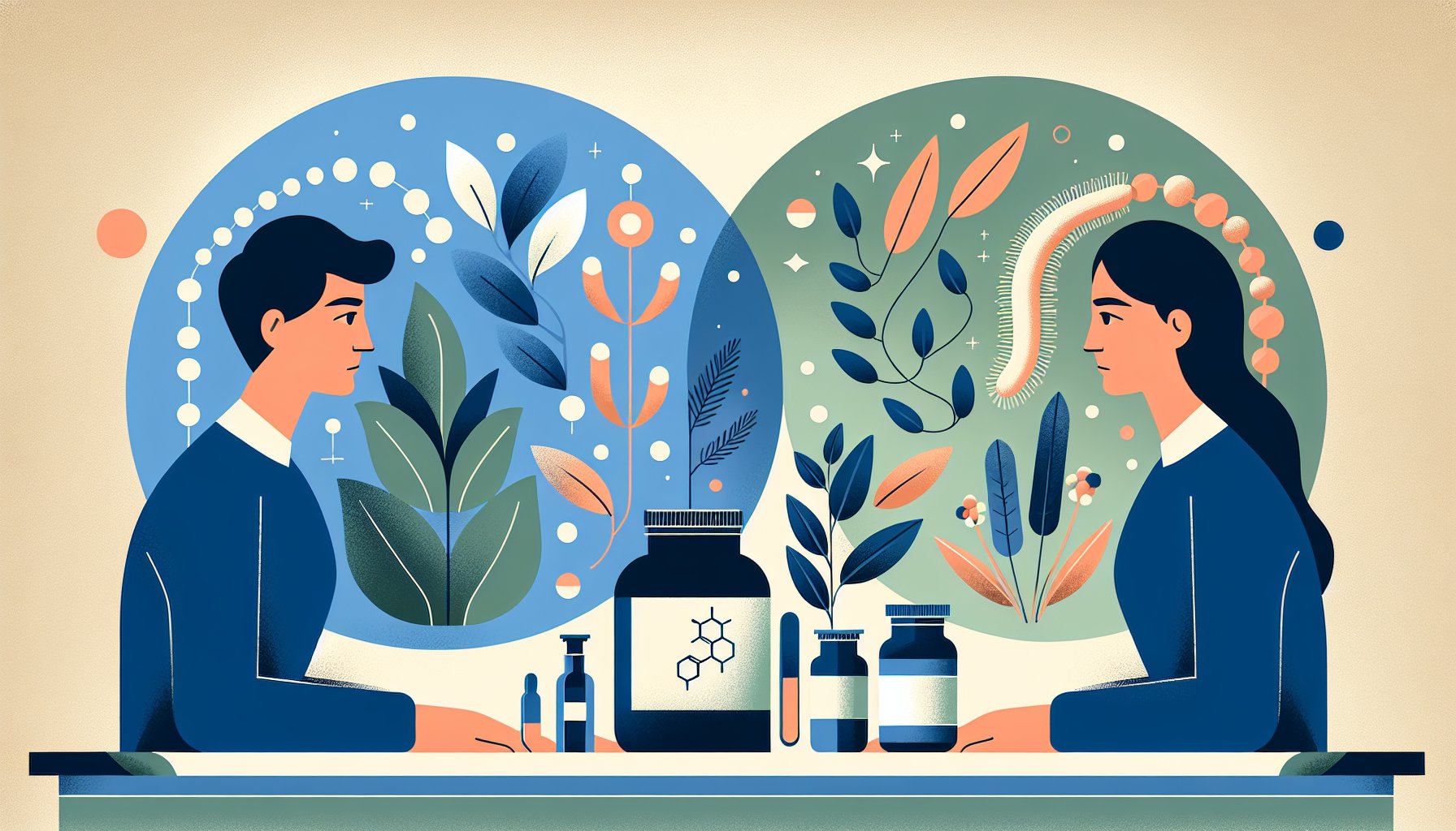 サプリと漢方思想の違いを対比しつつ、シネンシス冬虫夏草 漢方の調和を象徴的に示すイラスト