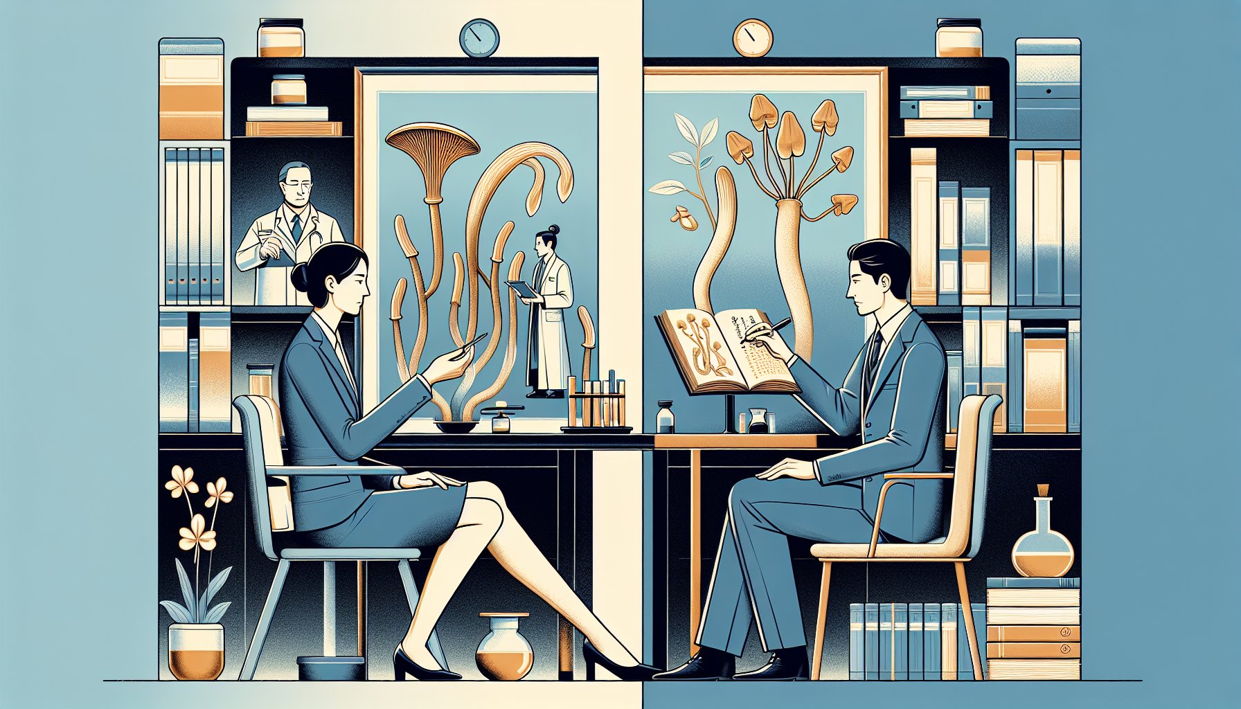 シネンシス冬虫夏草 中国伝統の視点で、現代研究と古代薬草学のつながりを象徴的に表現