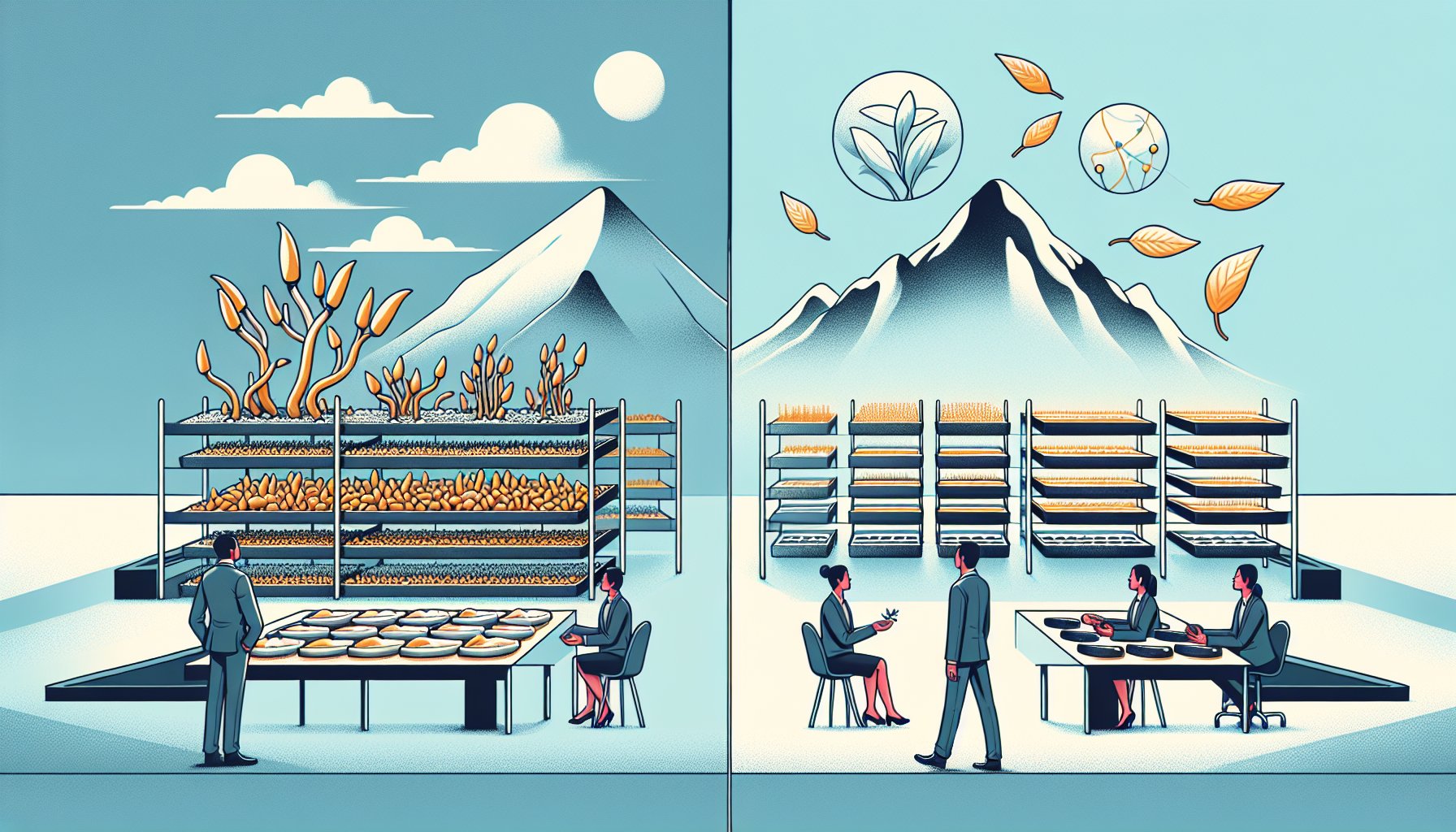 チベット高原の自生と室内栽培を対比しシネンシス冬虫夏草 オーガニックの環境配慮を表現