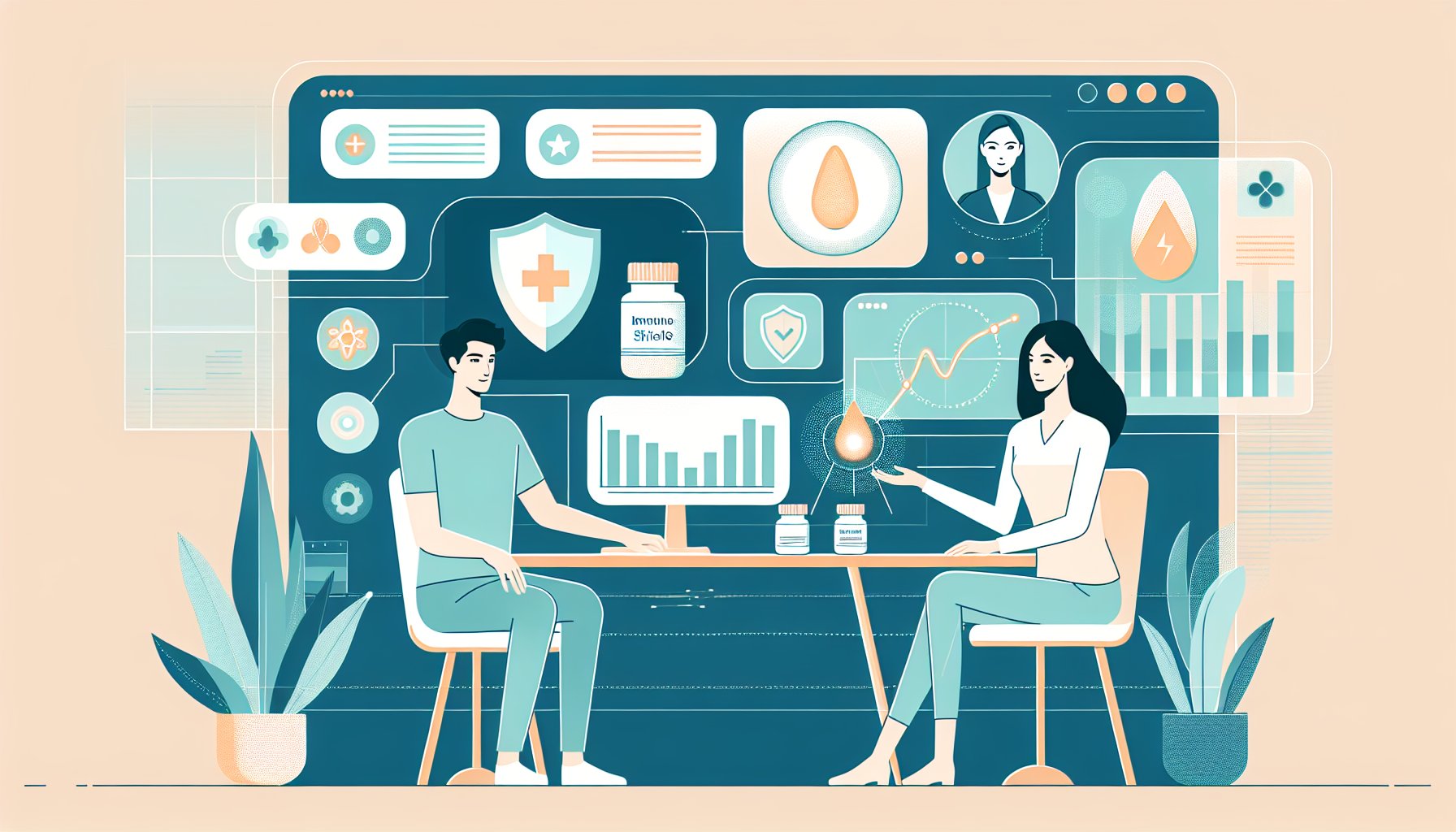 シネンシス冬虫夏草 効果を落ち着いて検討する大人たち、免疫や美容効果を整理するイラスト