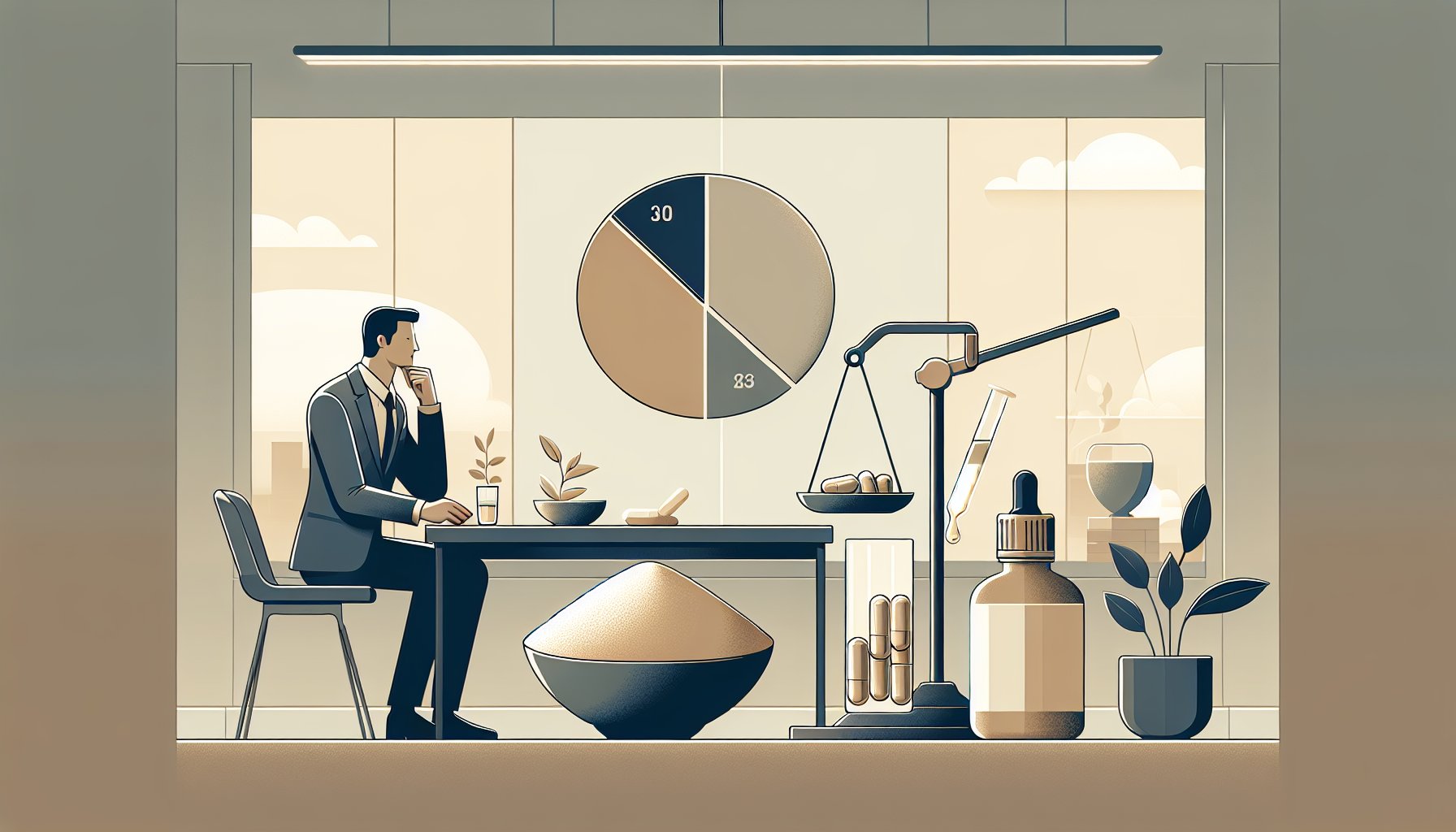 シネンシス冬虫夏草 粉末とカプセル・エキスを比較検討する落ち着いたデスクワーク風景