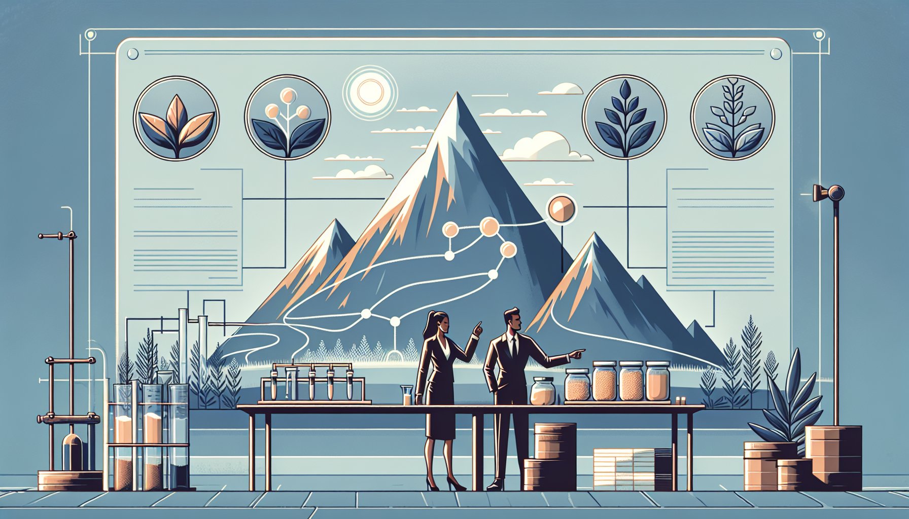 シネンシス冬虫夏草 原材料の由来から栽培管理、サプリ包装までの流れを示すビジネスイラスト