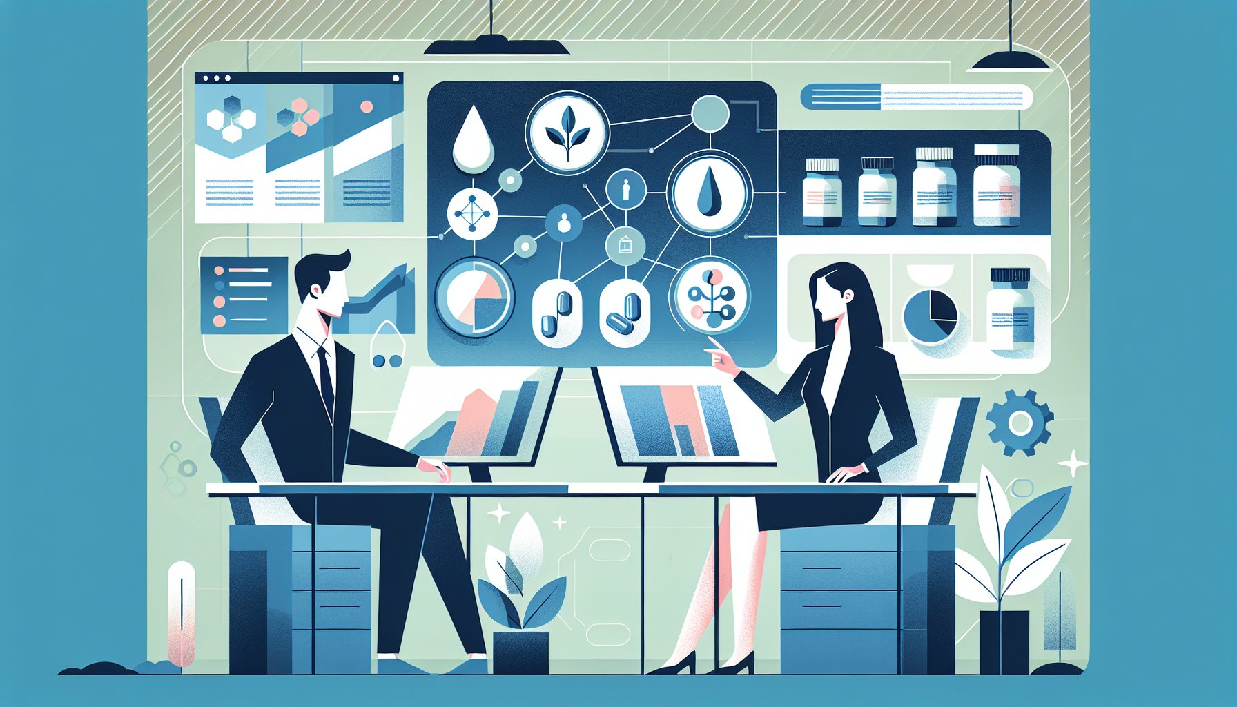 シネンシス冬虫夏草 原材料を落ち着いたオフィスで整理し成分情報を可視化するイラスト