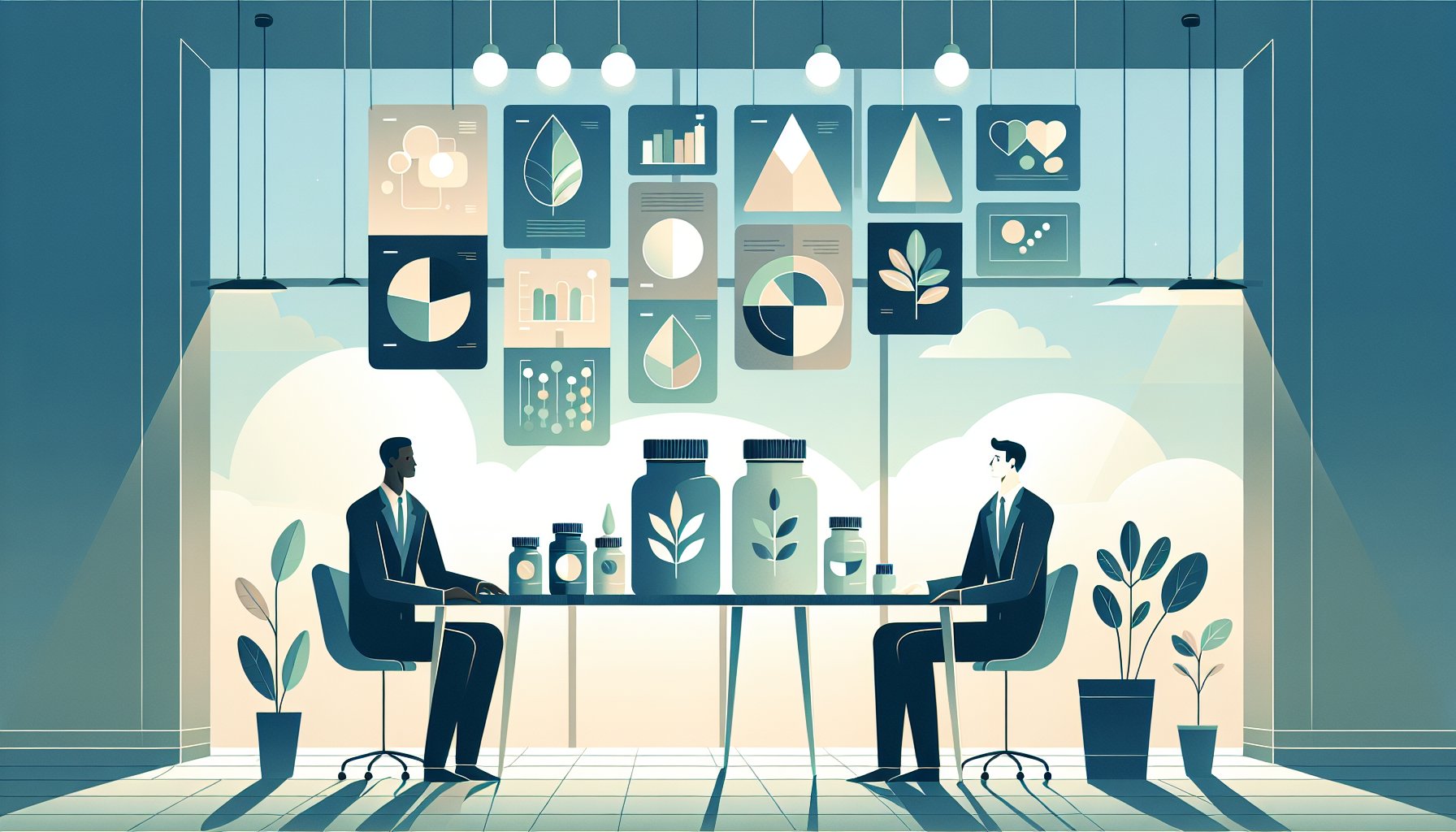 シネンシス冬虫夏草 原材料をオフィスで静かに比較検討する男女と整理された資料