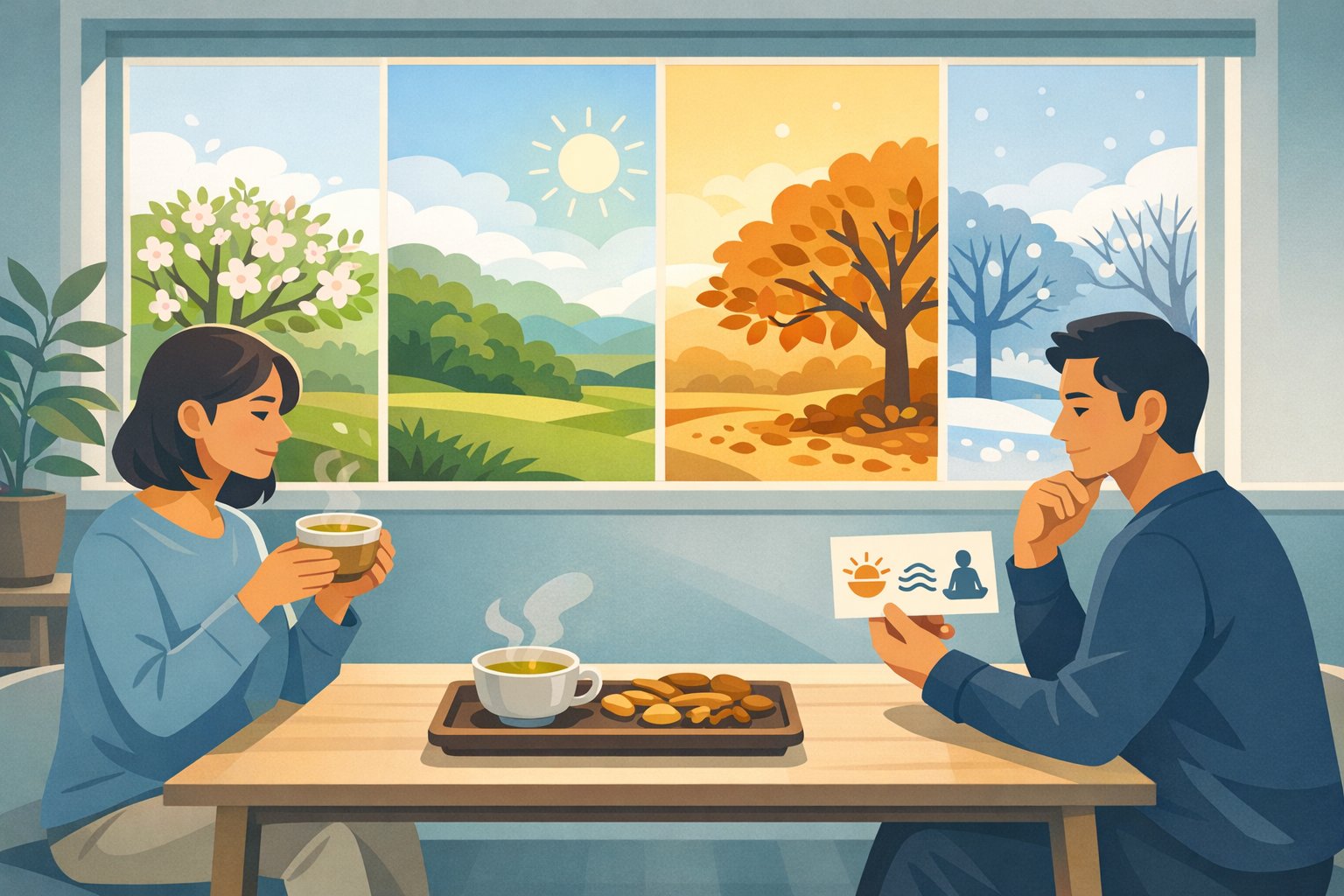 四季の移ろいを背景に、シネンシス冬虫夏草 伝統薬を日常の健康習慣として取り入れる様子