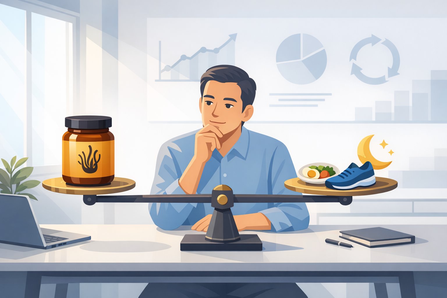 シネンシス冬虫夏草 伝統薬と食事・運動・睡眠を天秤で比較しバランスを考えるシーン