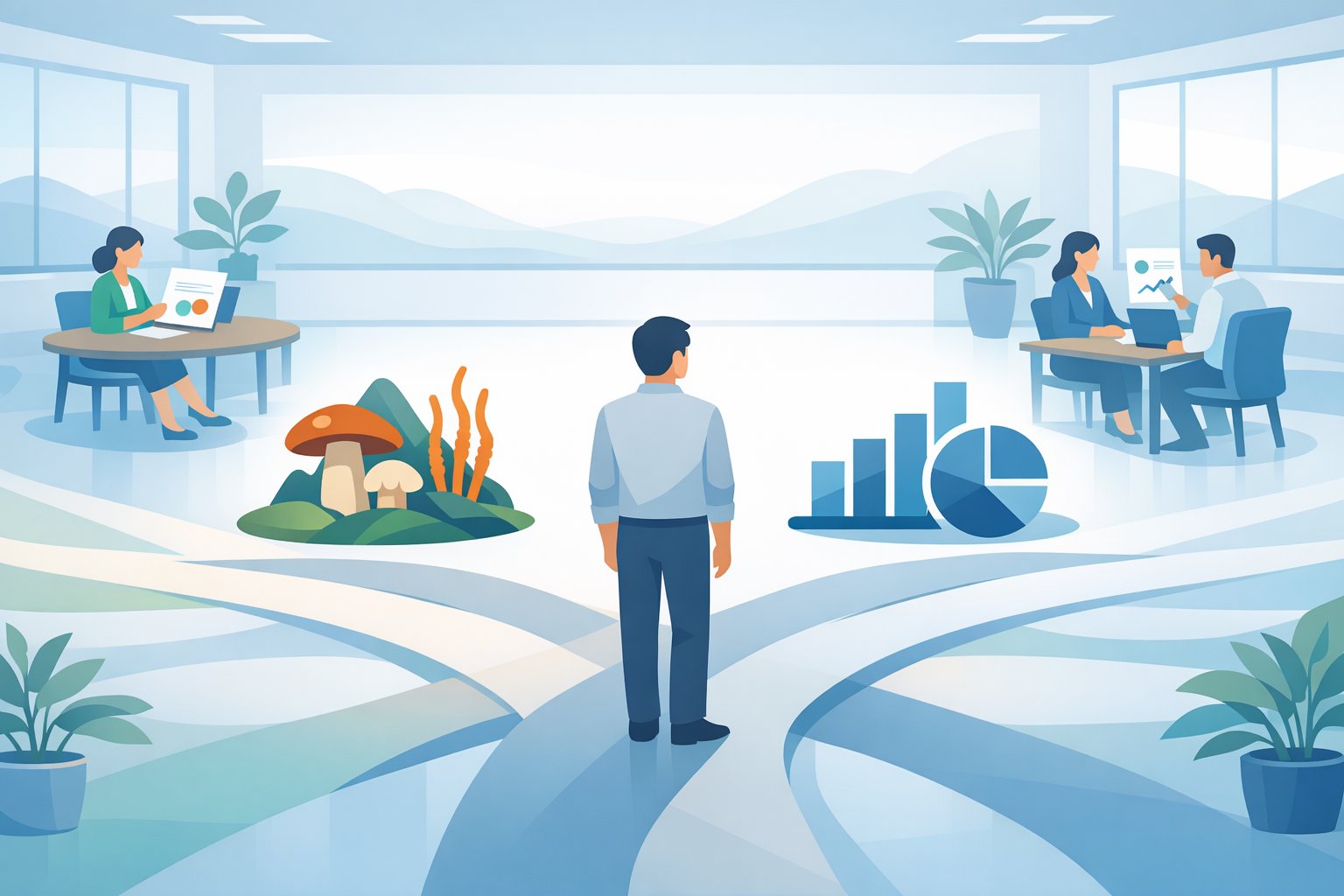 シネンシス冬虫夏草 伝統薬を現代的オフィスで整理し選択肢を静かに考える様子