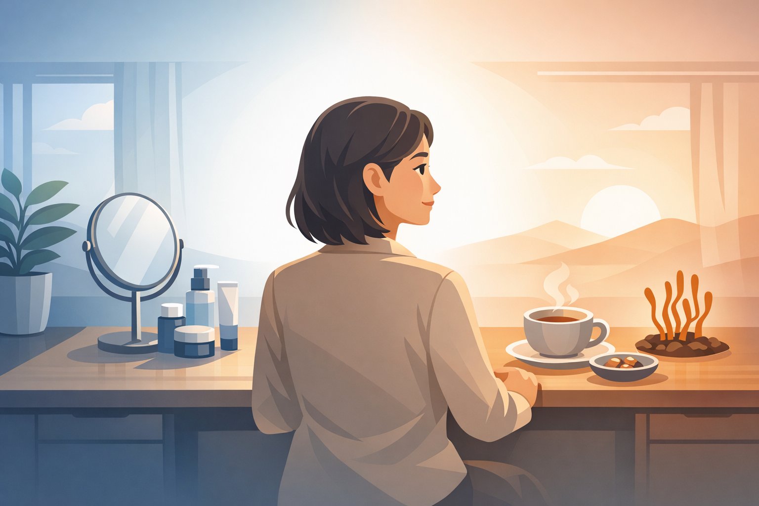 シネンシス冬虫夏草 スキンケア習慣を静かに振り返る大人のデスク周りイラスト