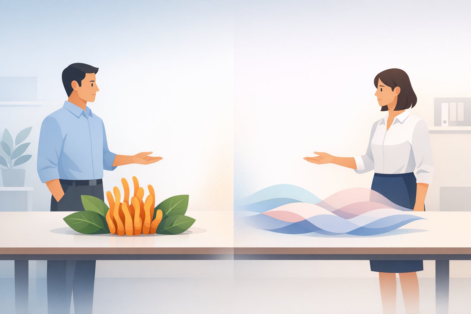 オフィスで大人が向き合い、シネンシス冬虫夏草 アレルギーと体質のバランスを検討