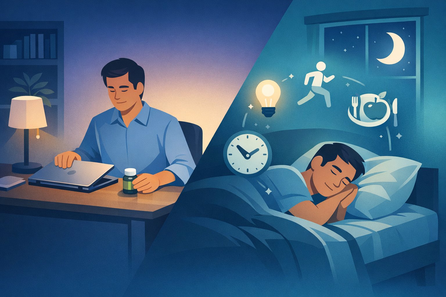 シネンシス冬虫夏草 睡眠の質を整える夜の習慣、就寝前のデスクワークと安眠の対比