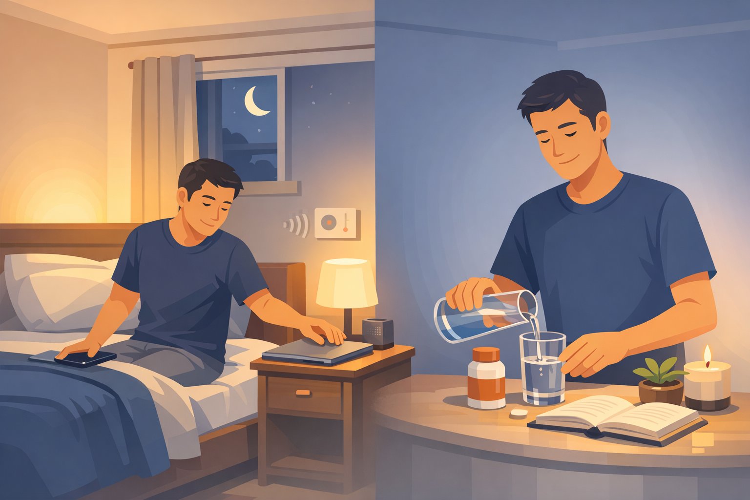 シネンシス冬虫夏草 睡眠の質を支える就寝習慣と、穏やかな補助サプリの位置づけを示す寝室イラスト