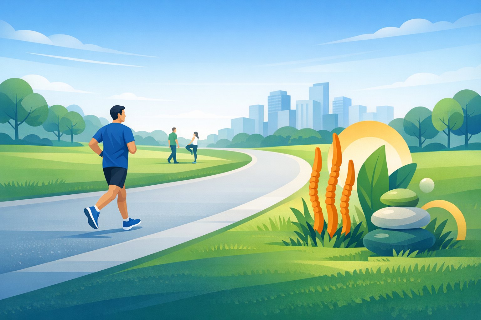 シネンシス冬虫夏草 ランニングの距離感を象徴する公園の遊歩道と穏やかなランナー