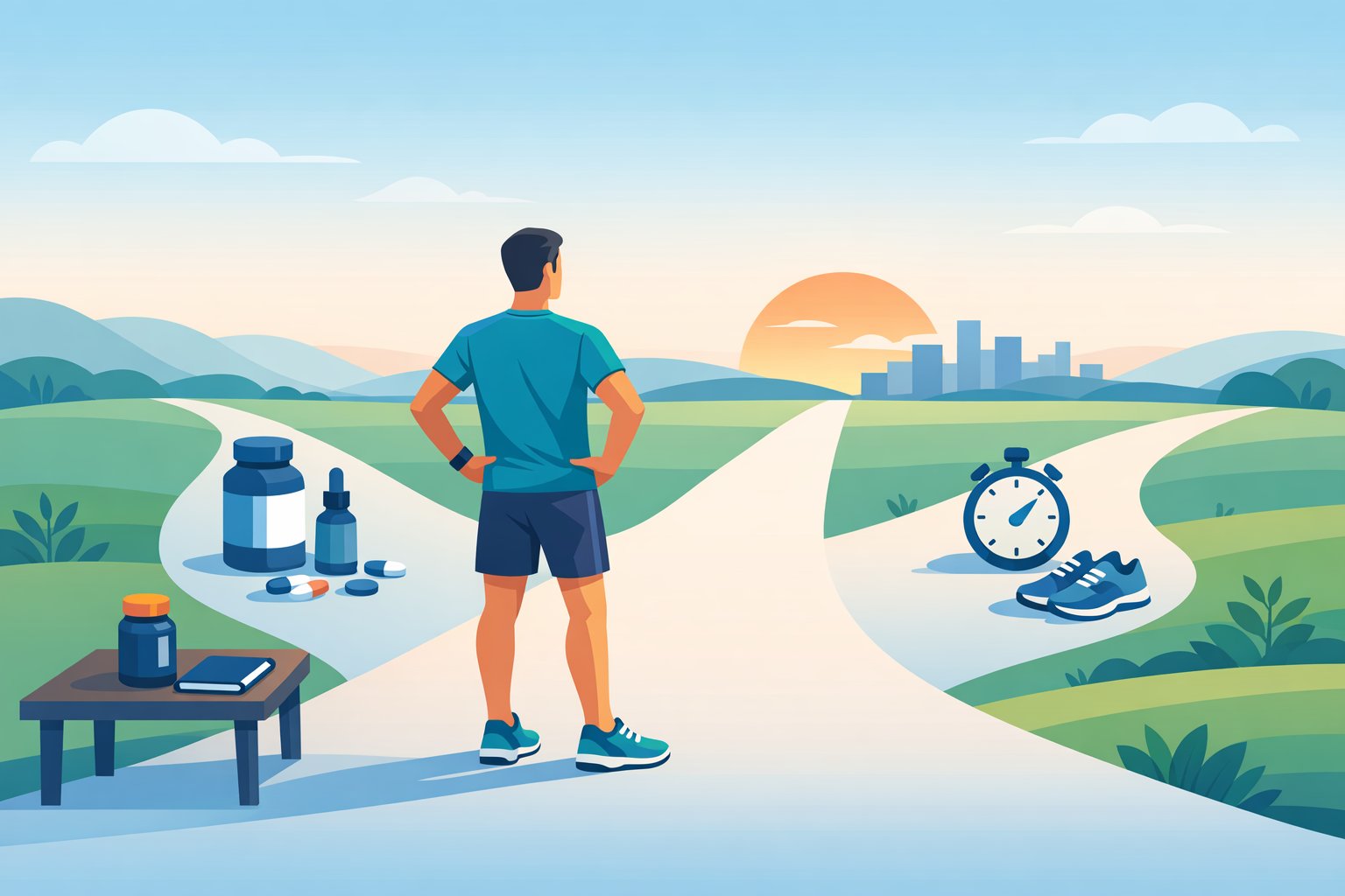 シネンシス冬虫夏草 マラソンとの付き合い方を考えるランナーが三つの道を見つめるイラスト